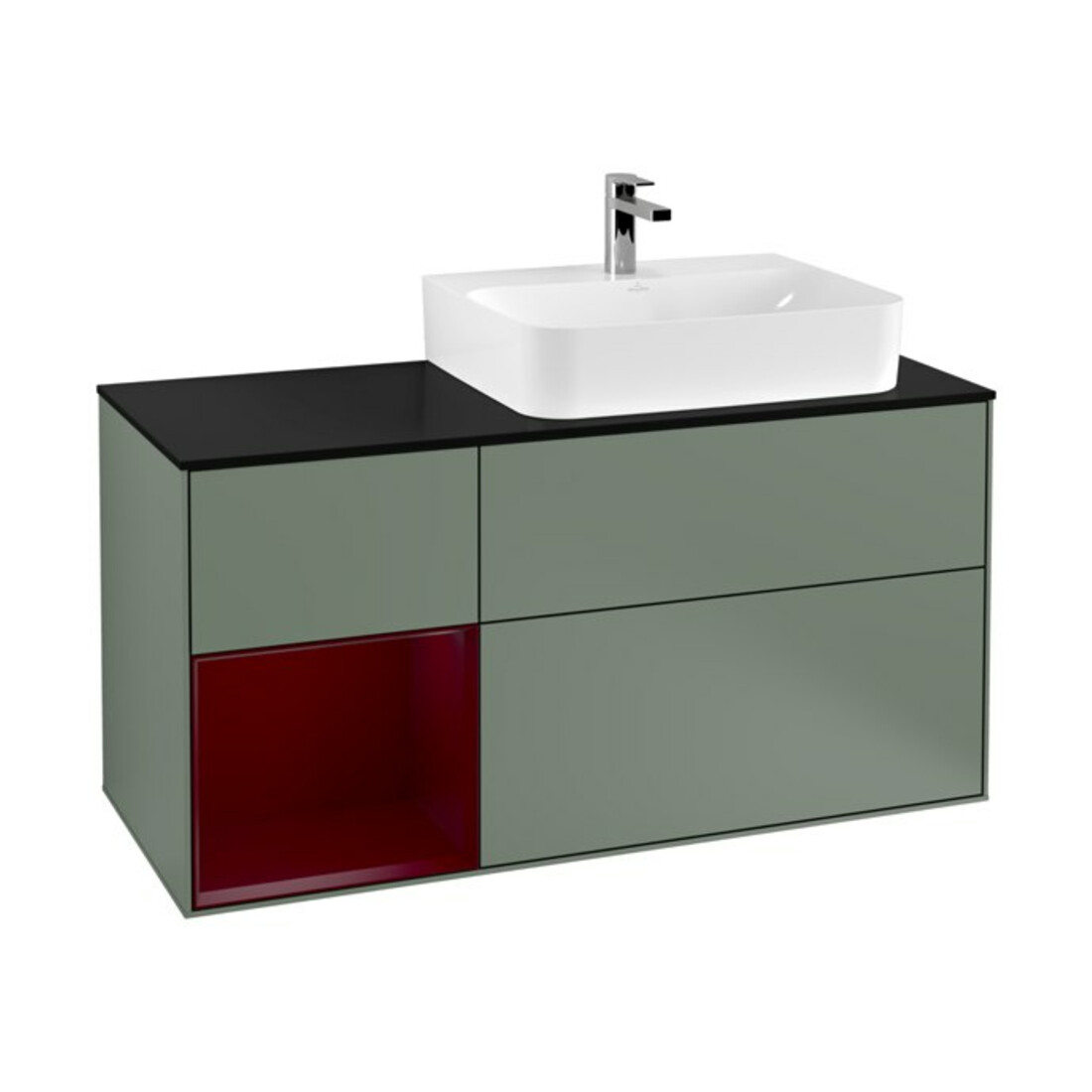 V&B Meuble sous-lavabo Finion 120 cm, bleu, étagère gauche, olivier mat laqué, éclairage mural