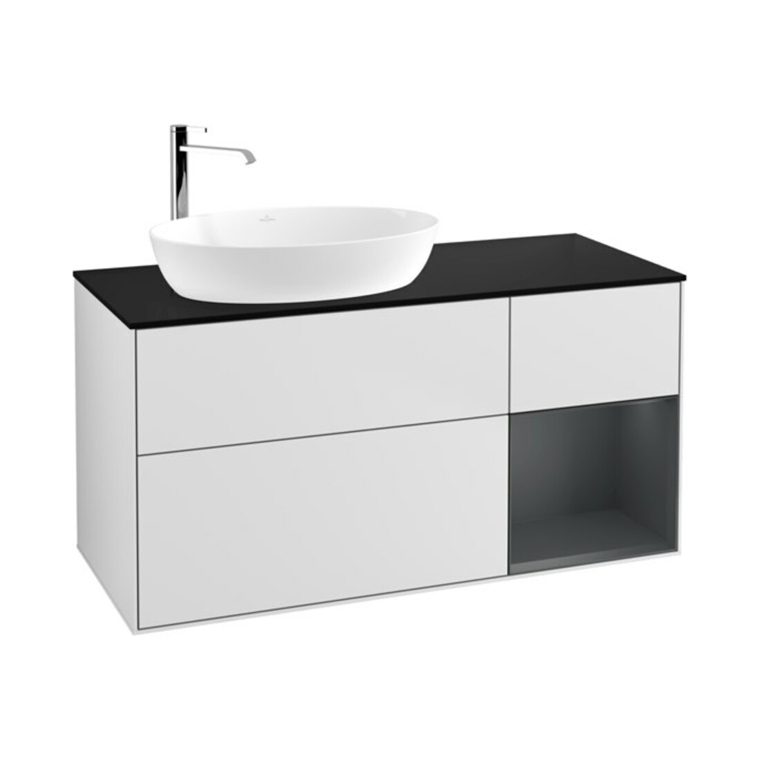V&B Meuble sous lavabo Finion 120 cm, bleu, étagère milieu, laqué blanc
