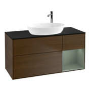 V&B Meuble sous-lavabo Finion 120 cm, bleu, étagère, placage noyer, éclairage mural