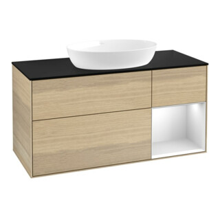 V&B Meuble sous lavabo Finion 120 cm, bleu pâle, étagère blanche laquée, poignée ven