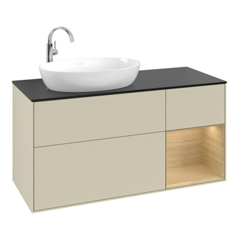 V&B Meuble sous lavabo Finion 120 cm, bleu pâle, étagère ouverte, gris moyen laqué