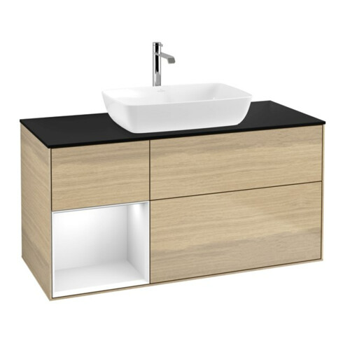 V&B Meuble sous lavabo Finion 120 cm, bleu pâle, porte blanche laquée, poignée ven