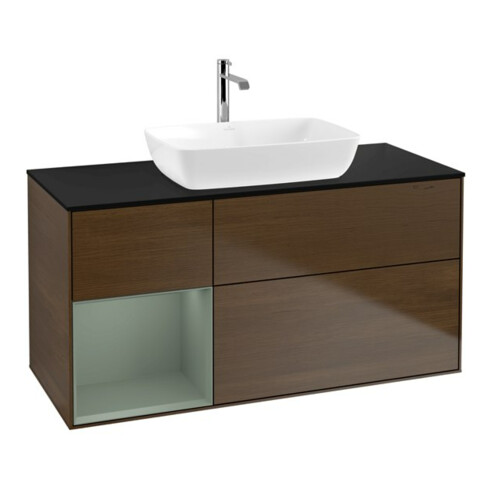 V&B Meuble sous lavabo Finion 120 cm, bleu pâle, tiroir, placage noyer veinée