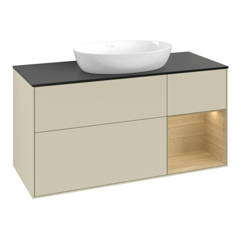 V&B Meuble sous lavabo Finion 120 cm, bleu platine, porte battante, gris mat laqué