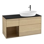 V&B Meuble sous lavabo Finion 120 cm, bleu, rangement bois, poignée bois