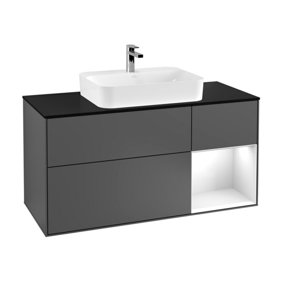 V&B Meuble sous lavabo Finion 120 cm, éclairage mural, anthracite m, blanc brillant, Pl b m, Rg re