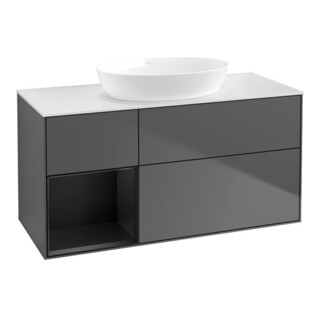 V&B Meuble sous lavabo Finion 120 cm, éclairage mural, anthracite mat, laqué bleu mat