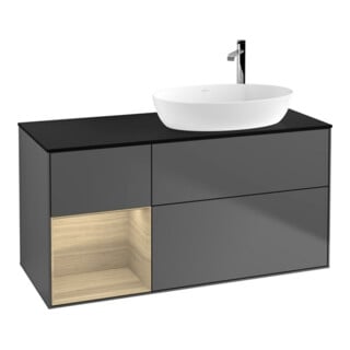 V&B Meuble sous lavabo Finion 120 cm, éclairage mural, anthracite, placage bois bleu