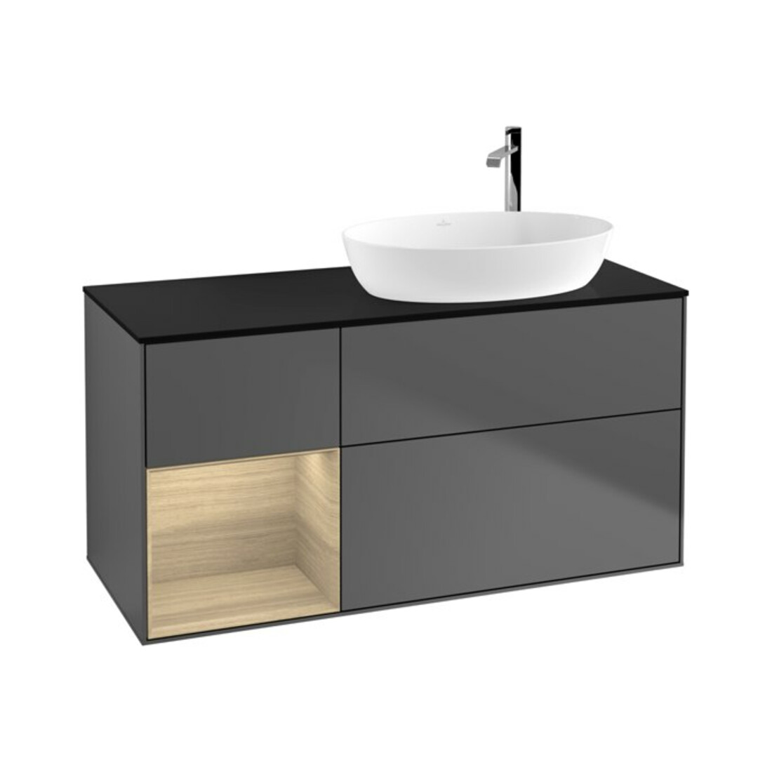 V&B Meuble sous lavabo Finion 120 cm, éclairage mural, anthracite, placage bois bleu