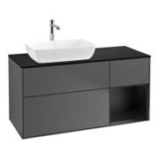 V&B Meuble sous lavabo Finion 120 cm, éclairage mural, anthracite, placage bois, laqué bleu mat