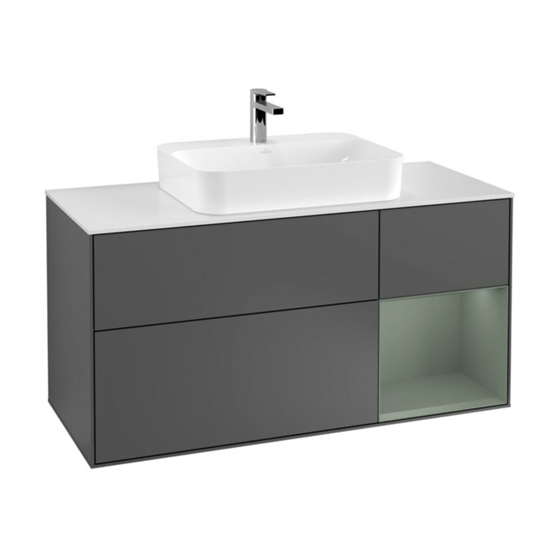 V&B Meuble sous-lavabo Finion 120 cm, éclairage mural, anthracite, placage bois, poignée réglable, droite