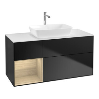 V&B Meuble sous-lavabo Finion 120 cm, éclairage mural, blanc, avec rangement ouvert, bleu mat laqué
