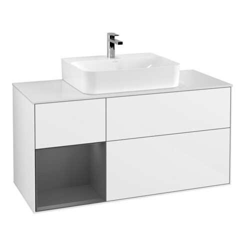 V&B Meuble sous lavabo Finion 120 cm, éclairage mural, blanc brillant