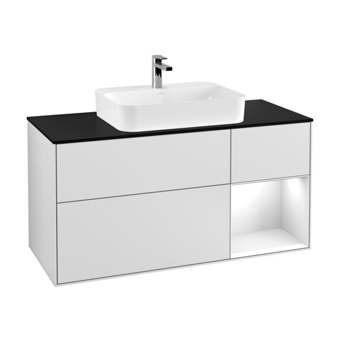 V&B Meuble sous-lavabo Finion 120 cm, éclairage mural, blanc brillant, blanc mat Lac