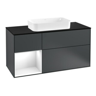 V&B Meuble sous lavabo Finion 120 cm, éclairage mural, blanc brillant, bleu mat