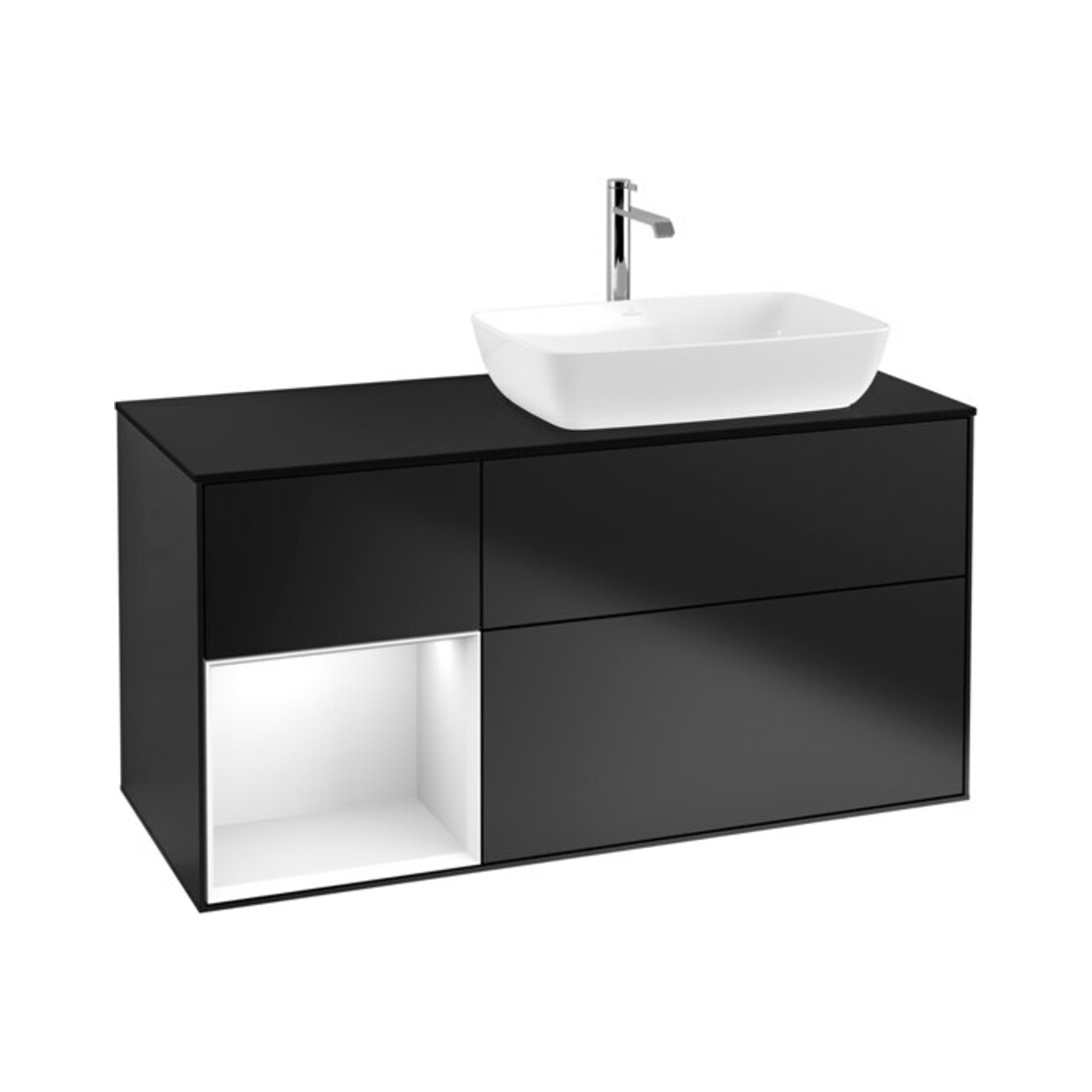 V&B Meuble sous lavabo Finion 120 cm, éclairage mural, blanc brillant, bleu mat