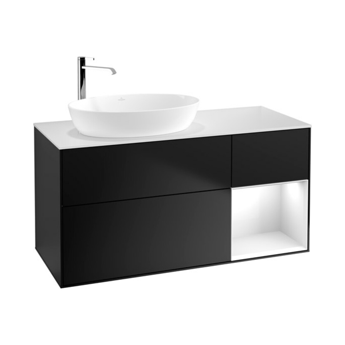 V&B Meuble sous lavabo Finion 120 cm, éclairage mural, blanc brillant, bleu mat lacquer