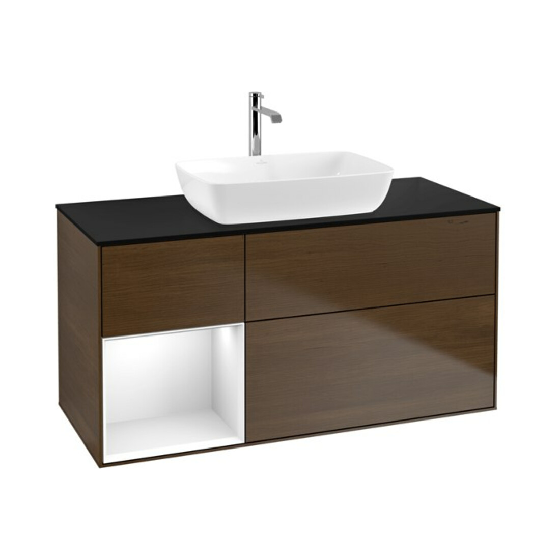 V&B Meuble sous lavabo Finion 120 cm, éclairage mural, blanc brillant, chêne veiné