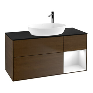 V&B Meuble sous lavabo Finion 120 cm, éclairage mural, blanc brillant, chêne wal ven