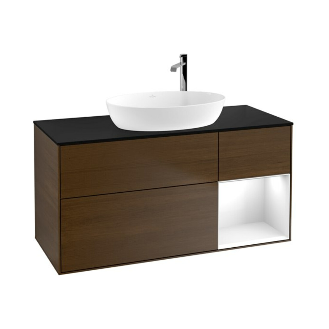 V&B Meuble sous lavabo Finion 120 cm, éclairage mural, blanc brillant, chêne wal ven