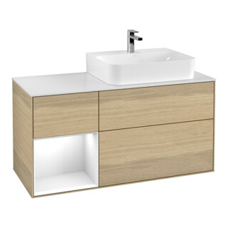 V&B Meuble sous lavabo Finion 120 cm, éclairage mural, blanc brillant, gauche