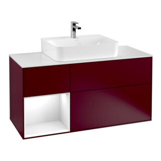 V&B Meuble sous lavabo Finion 120 cm, éclairage mural, blanc brillant, gauche