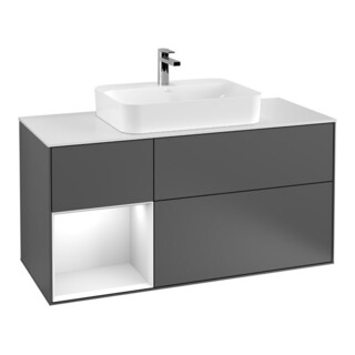 V&B Meuble sous lavabo Finion 120 cm, éclairage mural, blanc brillant, gris mat lacqué