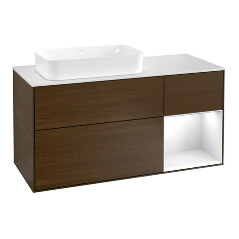 V&B Meuble sous lavabo Finion 120 cm, éclairage mural, blanc brillant lacqué, noyer veneer