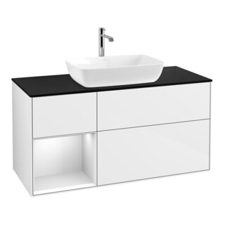 V&B Meuble sous lavabo Finion 120 cm, éclairage mural, blanc brillant laqué
