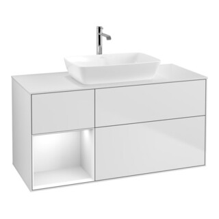 V&B Meuble sous lavabo Finion 120 cm, éclairage mural, blanc brillant laqué