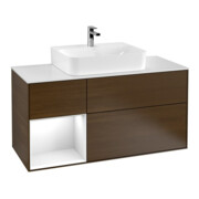 V&B Meuble sous lavabo Finion 120 cm, éclairage mural, blanc brillant, laqué, chêne veiné