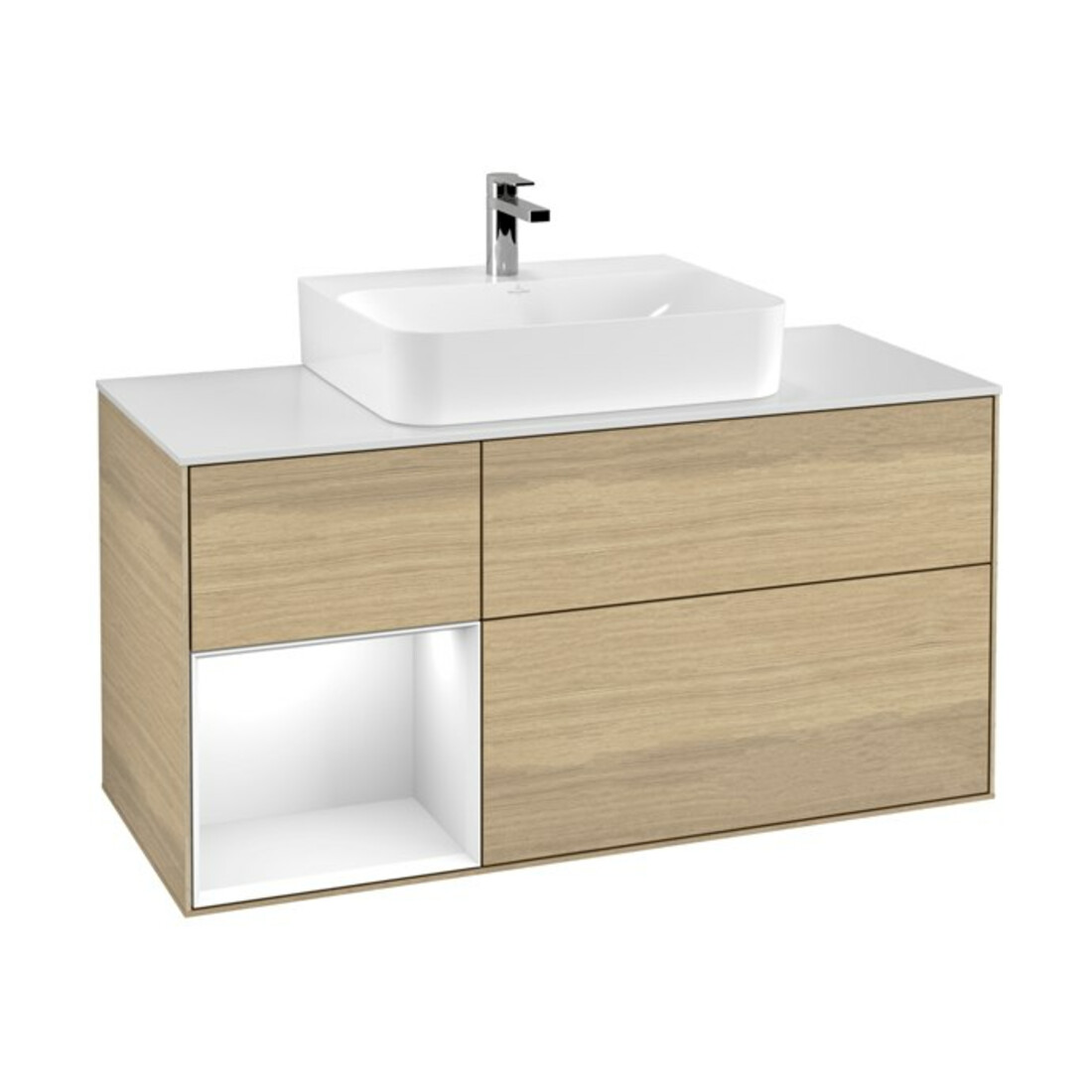 V&B Meuble sous lavabo Finion 120 cm, éclairage mural, blanc brillant, laqué, ouverture à gauche