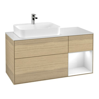 V&B Meuble sous lavabo Finion 120 cm, éclairage mural, blanc brillant, laqué, ouverture à venetian