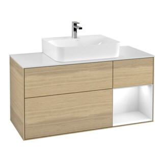 V&B Meuble sous lavabo Finion 120 cm, éclairage mural, blanc brillant, laqué, ouverture ven.