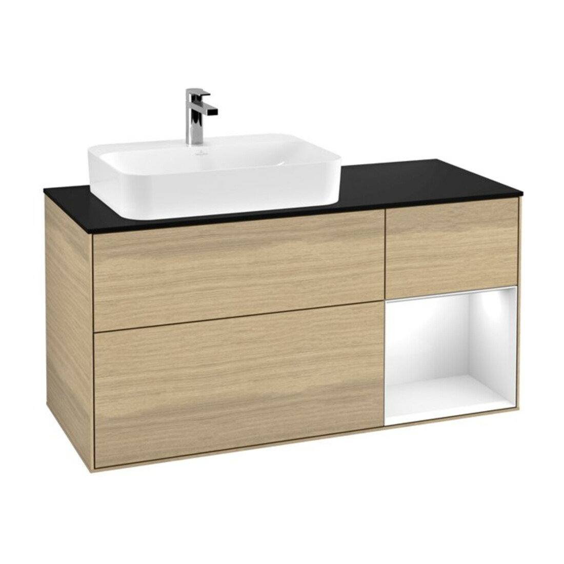 V&B Meuble sous lavabo Finion 120 cm, éclairage mural, blanc brillant, laqué, placage chêne ven