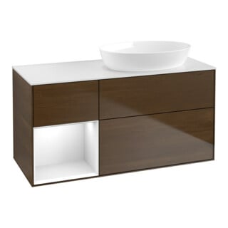 V&B Meuble sous lavabo Finion 120 cm, éclairage mural, blanc brillant, laqué, veinage bois
