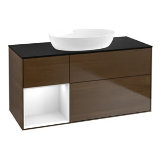 V&B Meuble sous lavabo Finion 120 cm, éclairage mural, blanc brillant, noyer veneer
