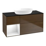 V&B Meuble sous lavabo Finion 120 cm, éclairage mural, blanc brillant, noyer veneer
