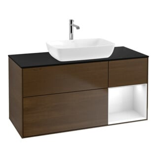 V&B Meuble sous lavabo Finion 120 cm, éclairage mural, blanc brillant, placage noyer