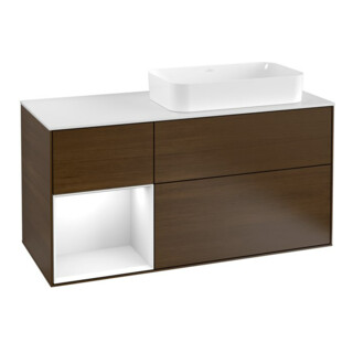 V&B Meuble sous lavabo Finion 120 cm, éclairage mural, blanc brillant, placage noyer