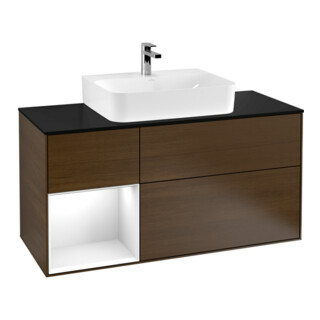 V&B Meuble sous lavabo Finion 120 cm, éclairage mural, blanc brillant, placage noyer