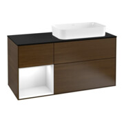 V&B Meuble sous lavabo Finion 120 cm, éclairage mural, blanc brillant, placage noyer ven