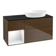 V&B Meuble sous-lavabo Finion 120 cm, éclairage mural, blanc brillant, placage noyer veneer