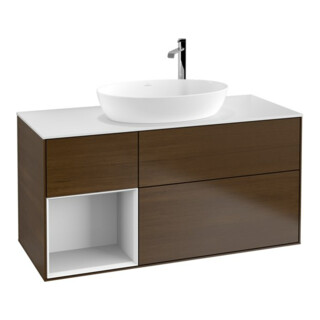 V&B Meuble sous lavabo Finion 120 cm, éclairage mural, blanc brillant, placage noyer veneer