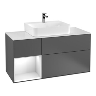 V&B Meuble sous lavabo Finion 120 cm, éclairage mural, blanc laqué