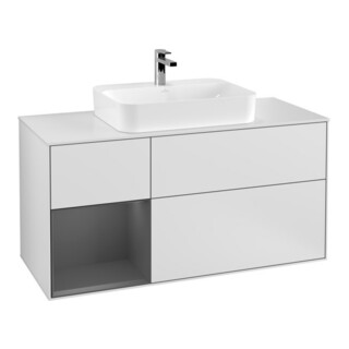 V&B Meuble sous lavabo Finion 120 cm, éclairage mural, blanc laqué