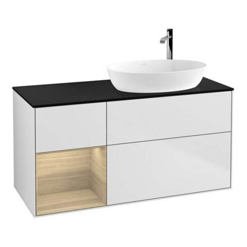 V&B Meuble sous lavabo Finion 120 cm, éclairage mural, blanc laqué