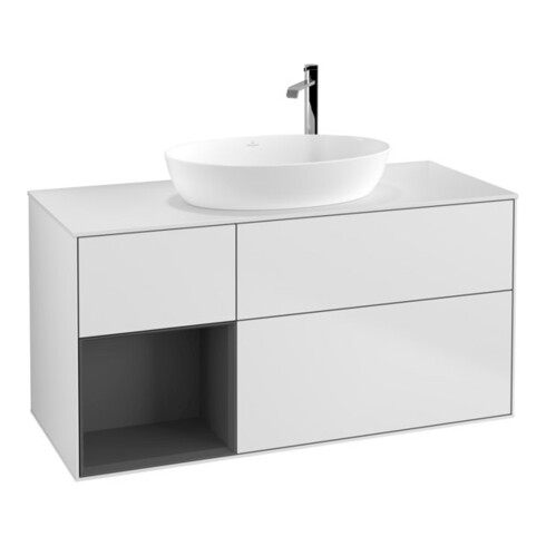 V&B Meuble sous lavabo Finion 120 cm, éclairage mural, blanc laqué