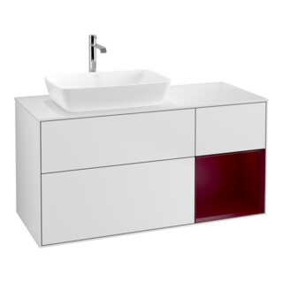 V&B Meuble sous lavabo Finion 120 cm, éclairage mural, blanc laqué