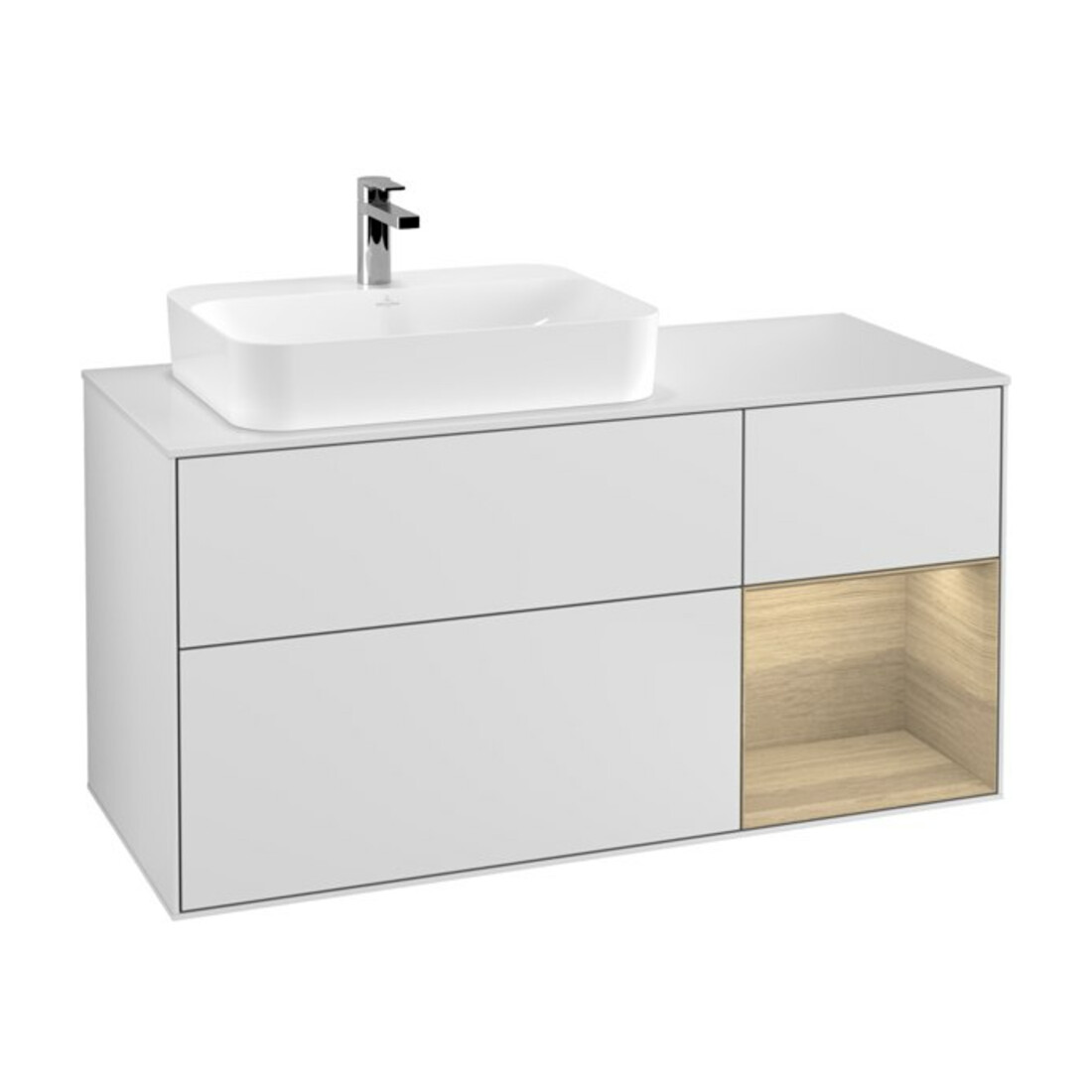 V&B Meuble sous lavabo Finion 120 cm, éclairage mural, blanc laqué